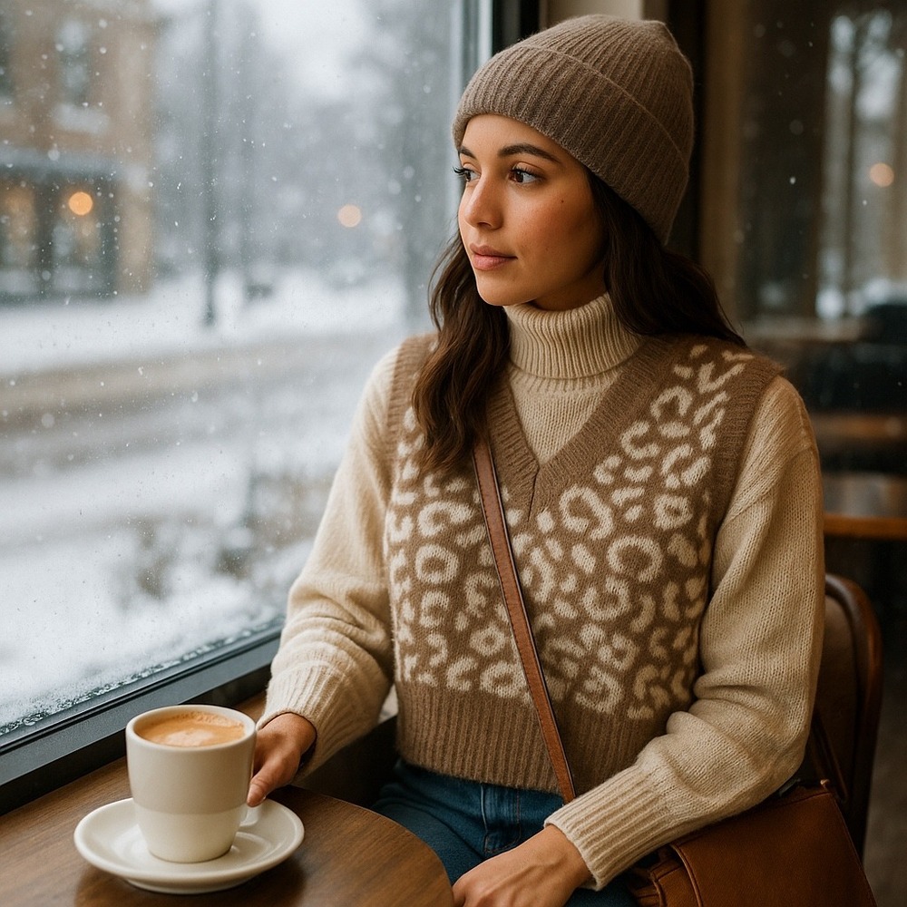 Jessica Simpson Fuzzy Leopard Sweater Vest Women's Ivory V-Neck Eyelash Knit NWT